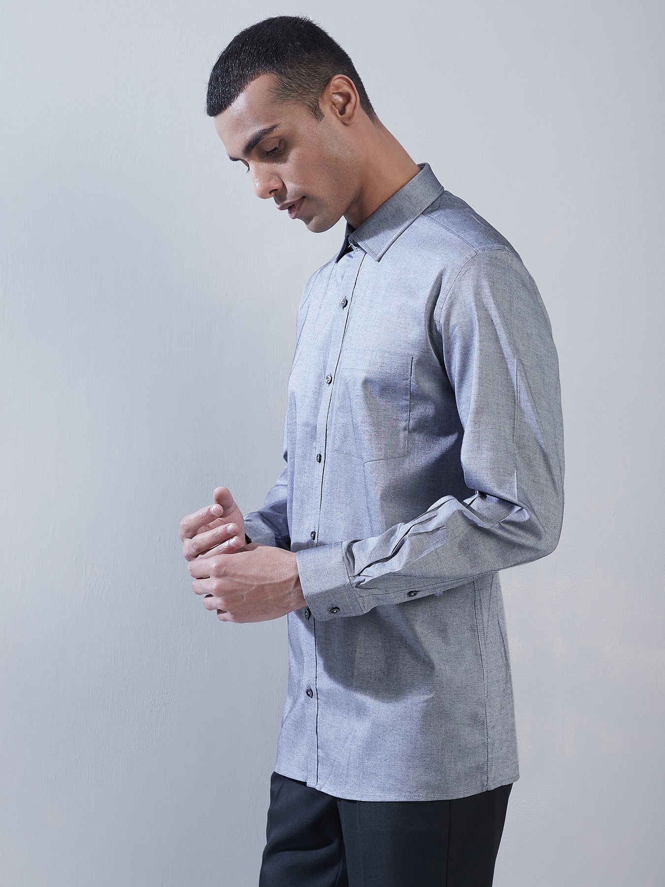 100% Cotton Grey Plain Regular Fit Full Sleeve Formal Shirt