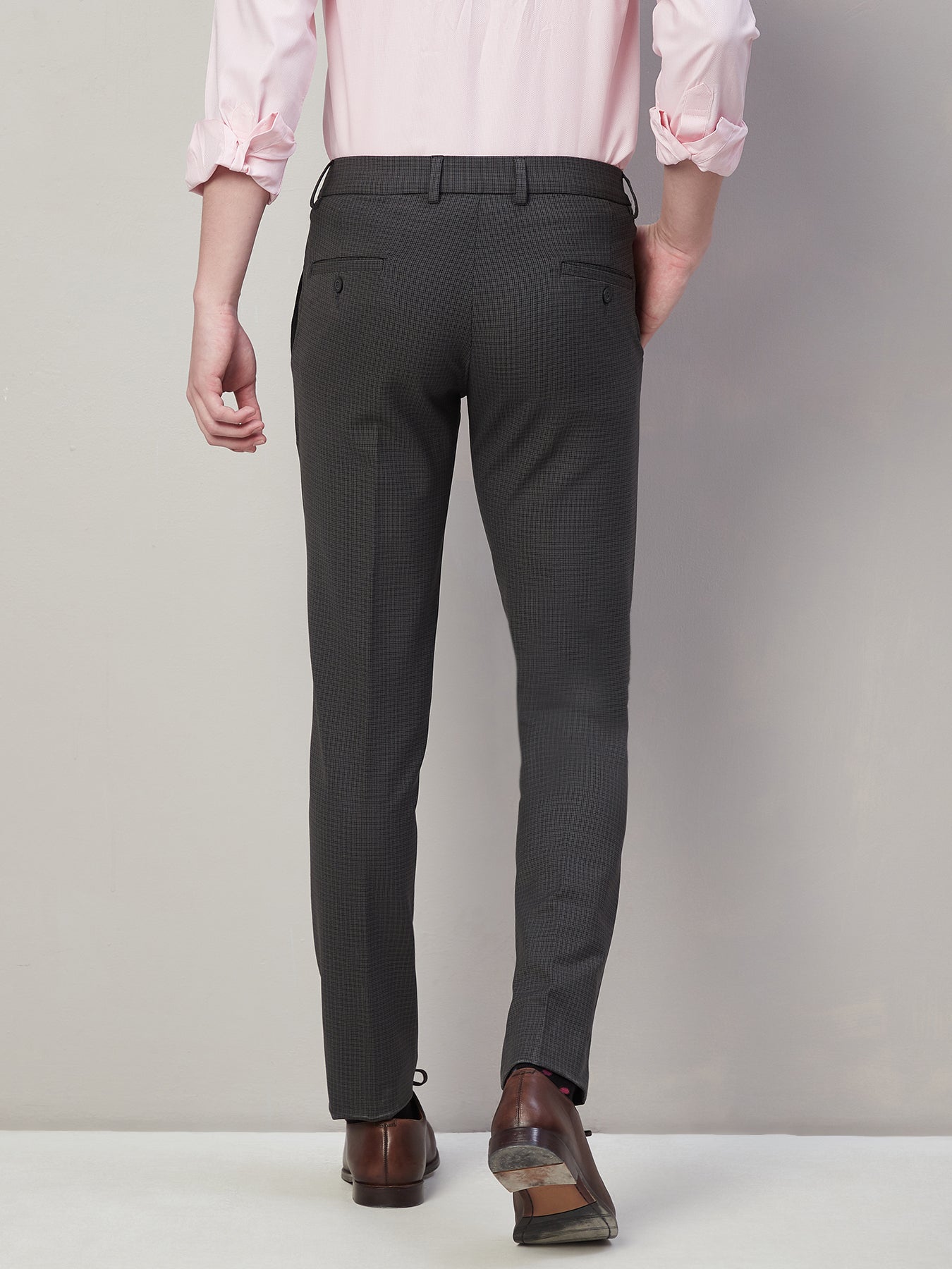 Cotton Stretch Charcoal Checkered Ultra Slim Fit Flat Front Formal Trouser