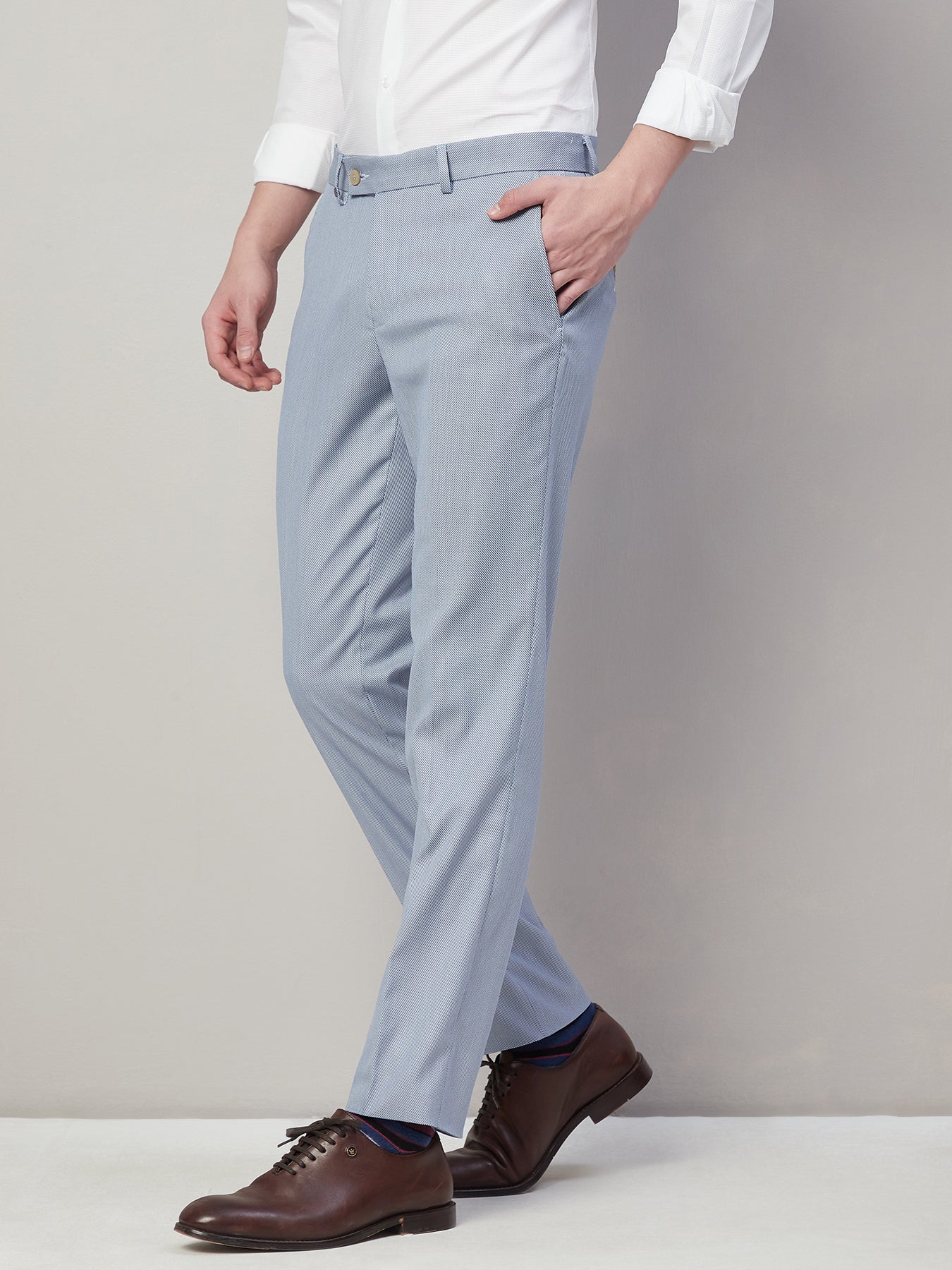 Poly Viscose Stretch Blue Dobby Slim Fit Flat Front Formal Trouser