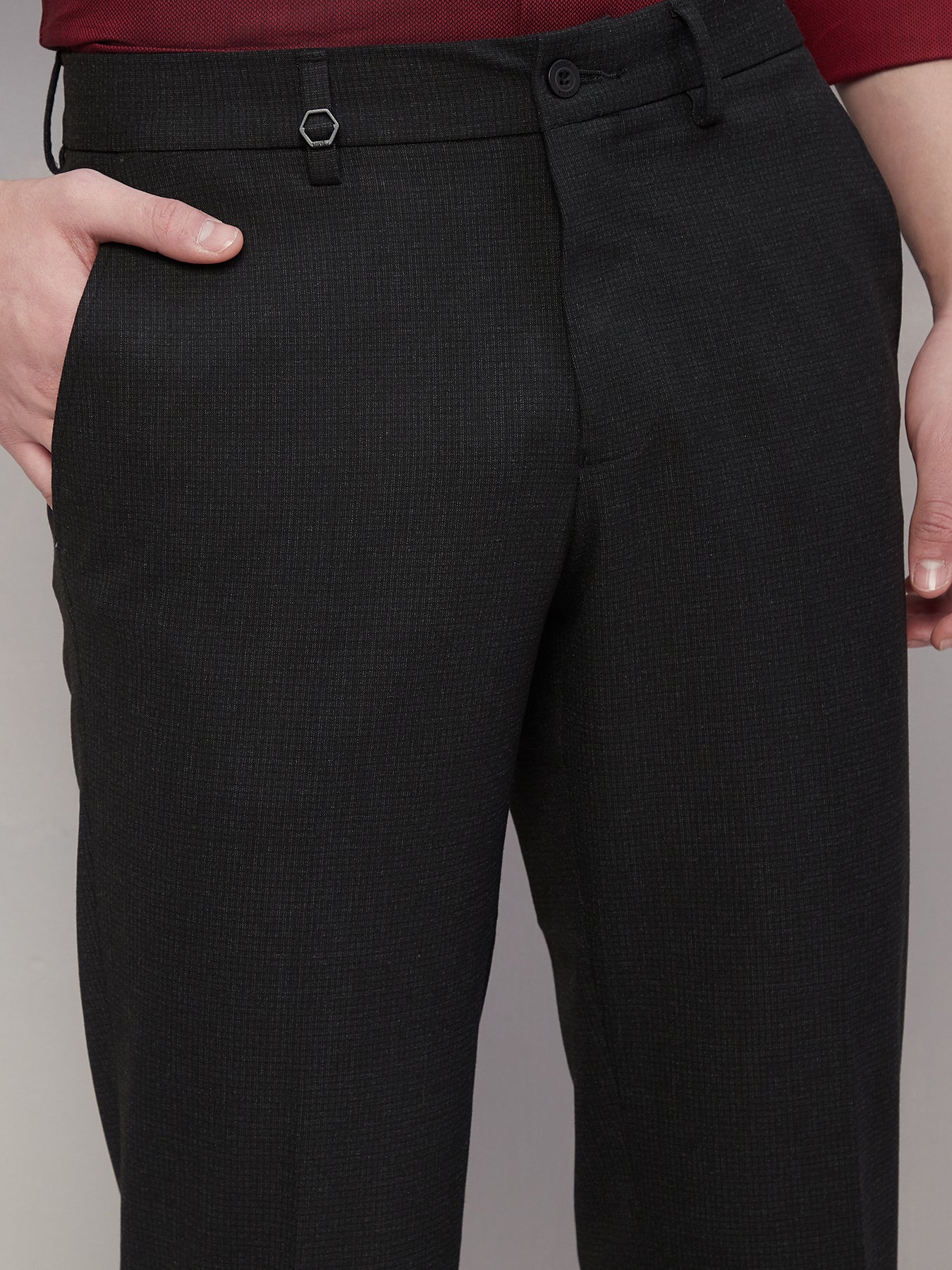 Poly Viscose Stretch Charcoal Checkered Slim Fit Flat Front Formal Trouser