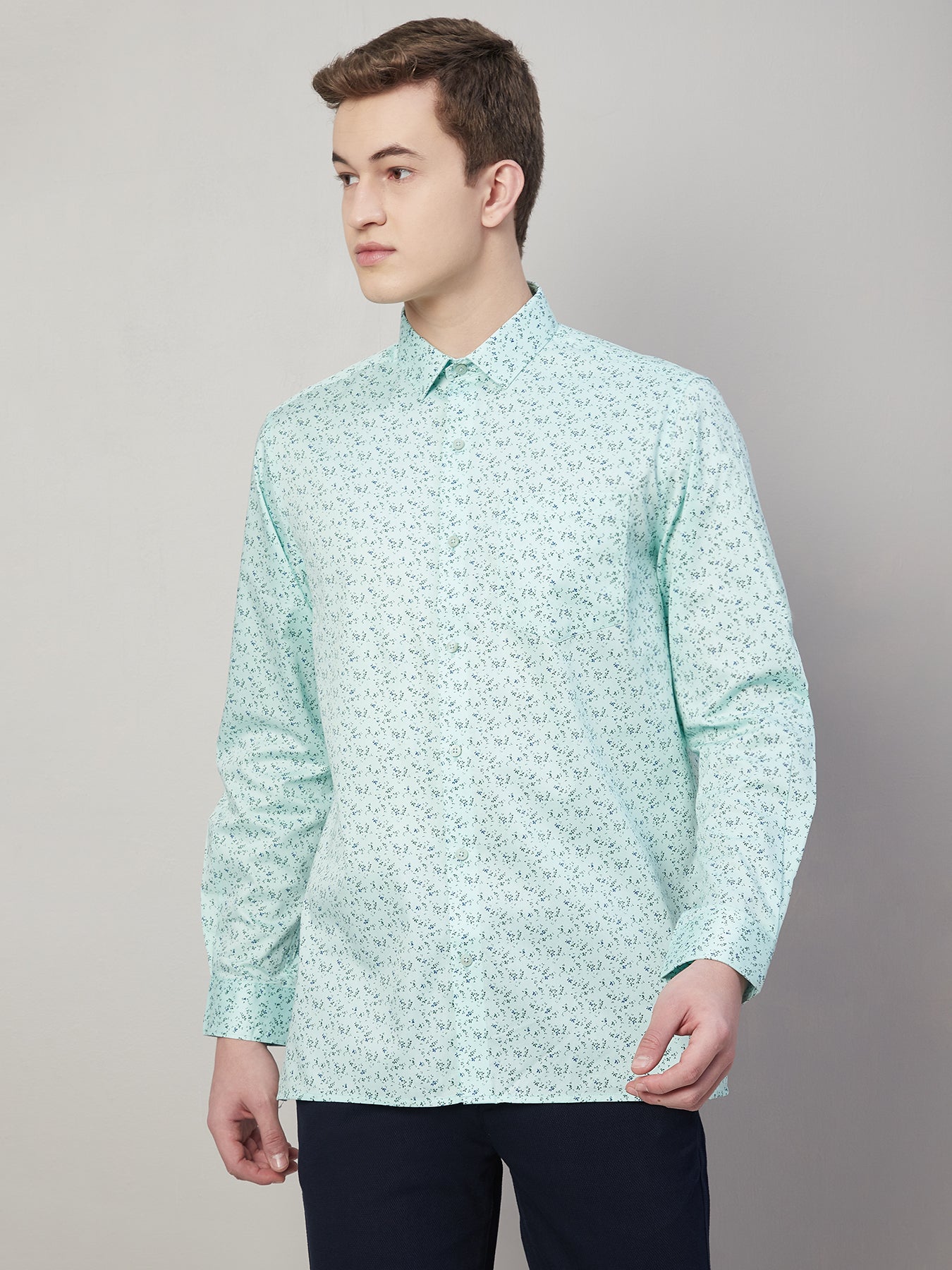 100% Cotton Sea Green Printed Regular Fit Full Sleeve Formal Shirt
