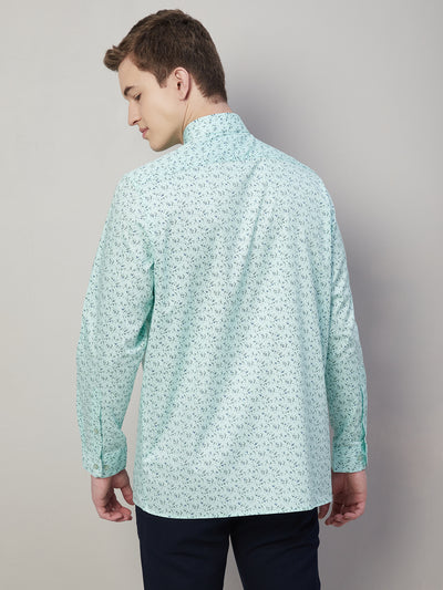 100% Cotton Sea Green Printed Regular Fit Full Sleeve Formal Shirt
