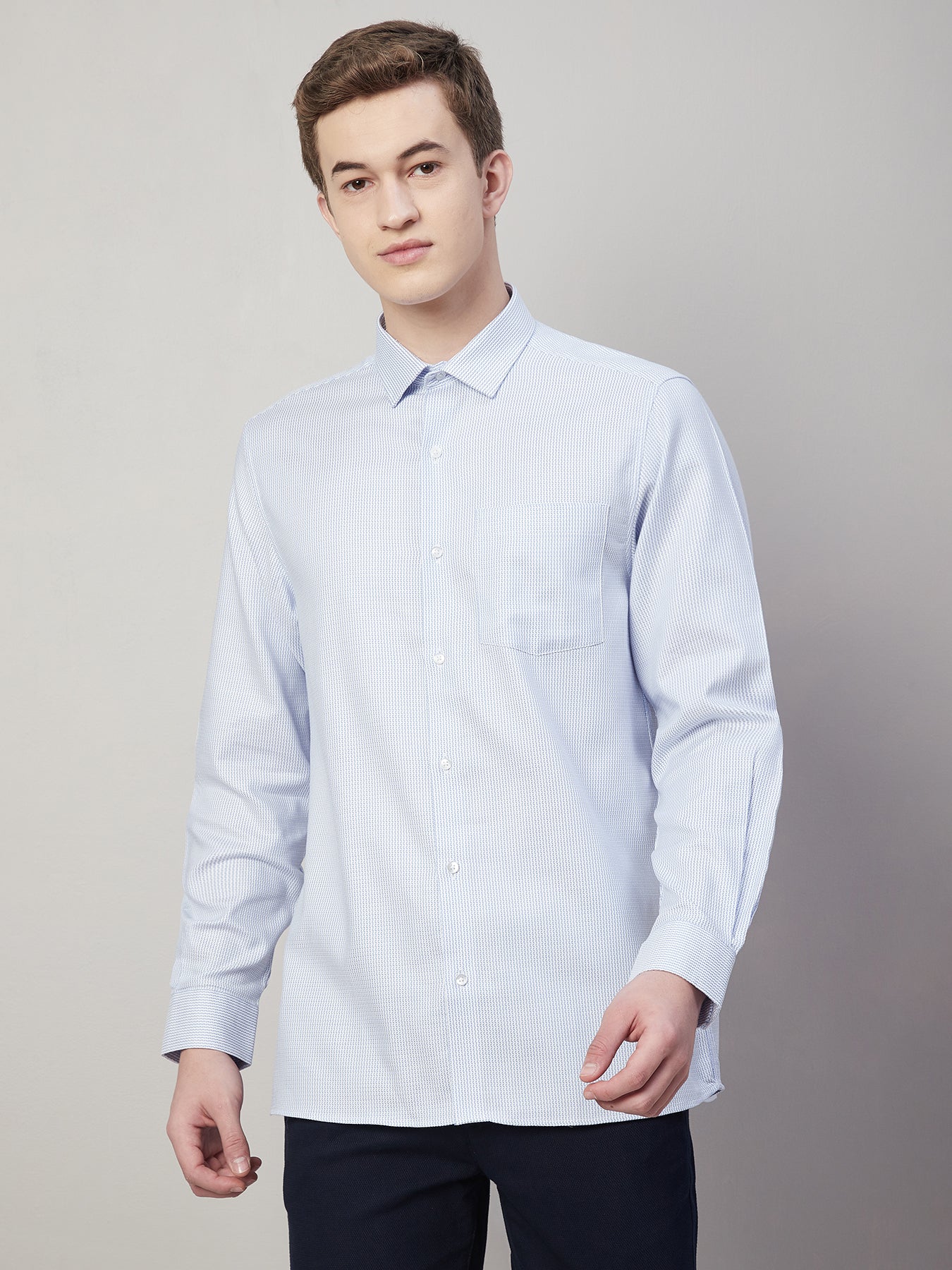 100% Cotton Light Blue Striped Regular Fit Full Sleeve Formal Shirt