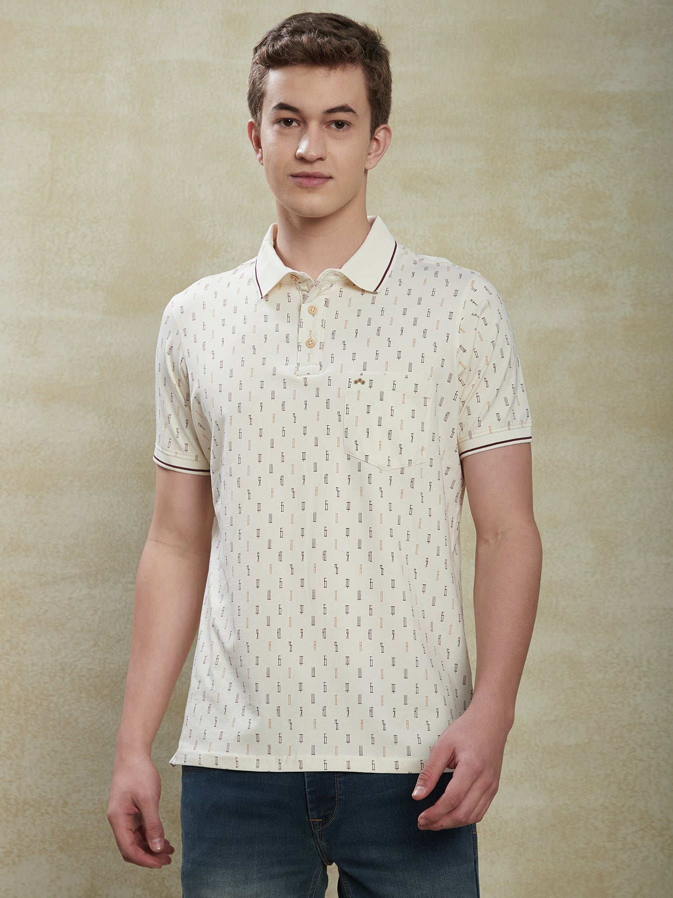 Cotton Stretch Beige Printed Polo Neck Half Sleeve Casual T-Shirt