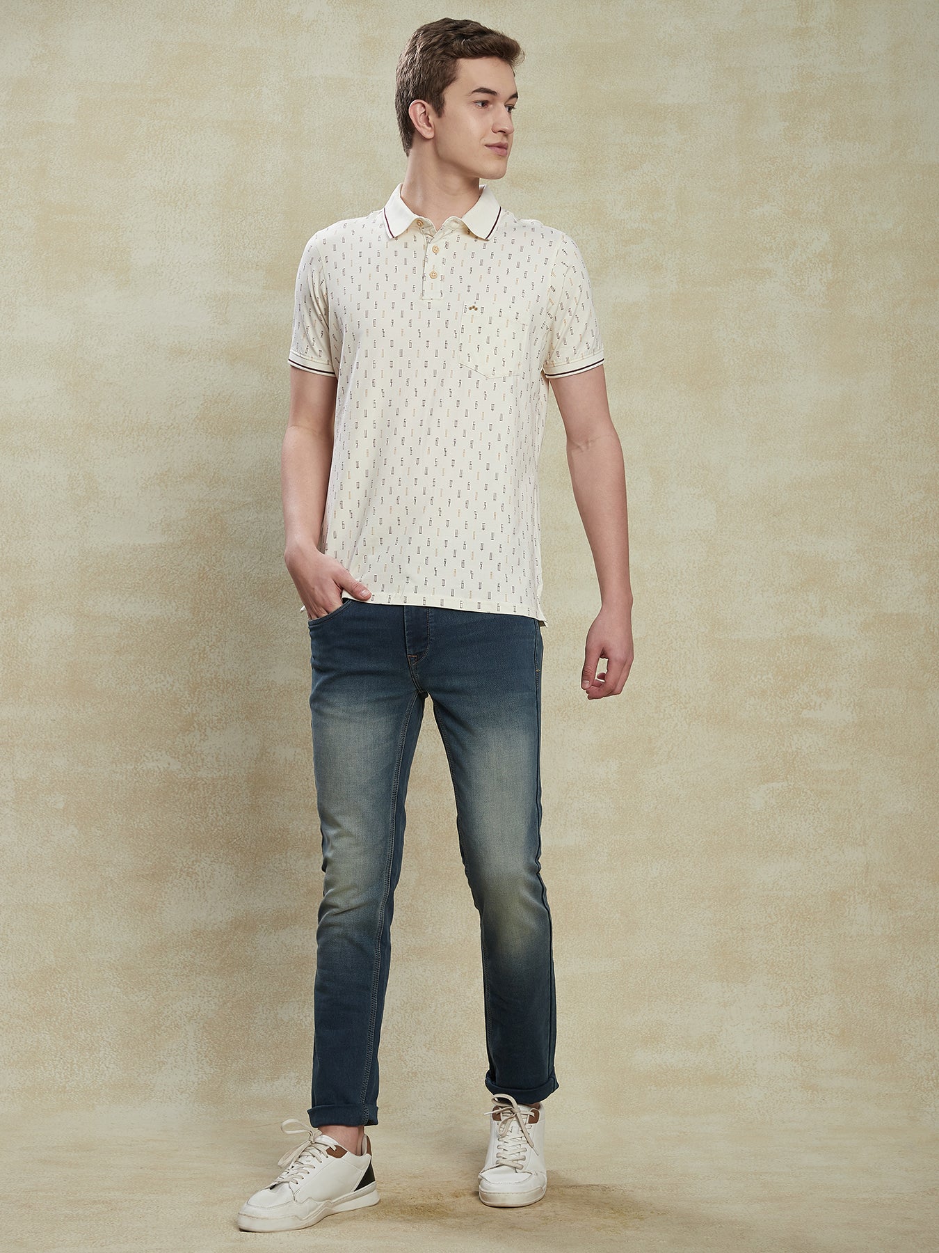 Cotton Stretch Beige Printed Polo Neck Half Sleeve Casual T-Shirt