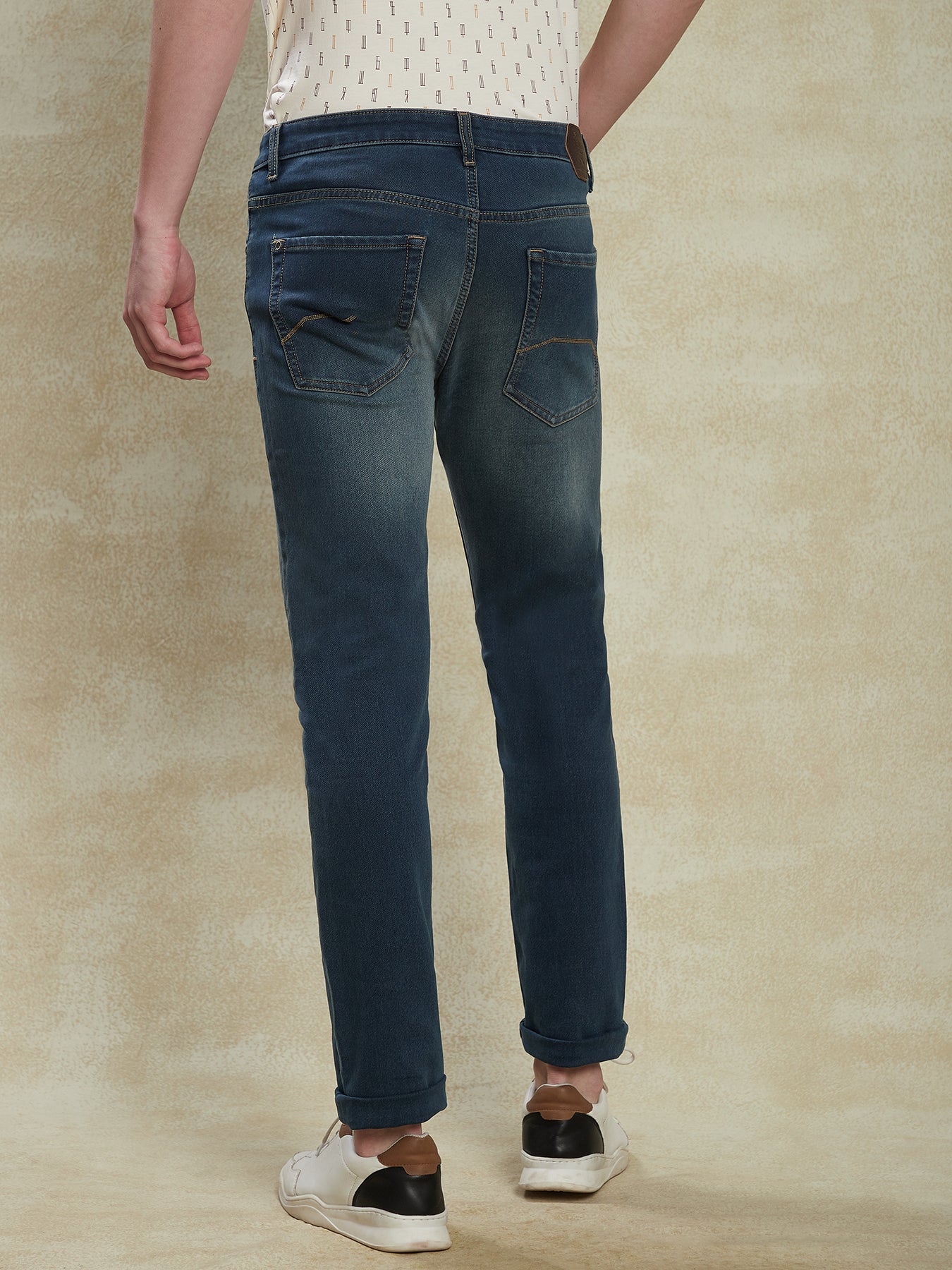 Cotton Stretch Dark Blue Plain Narrow Fit Flat Front Casual Jeans