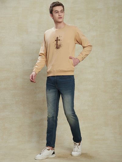 Knitted Khaki Printed Regular Fit Full Sleeve Casual Sweatshirt