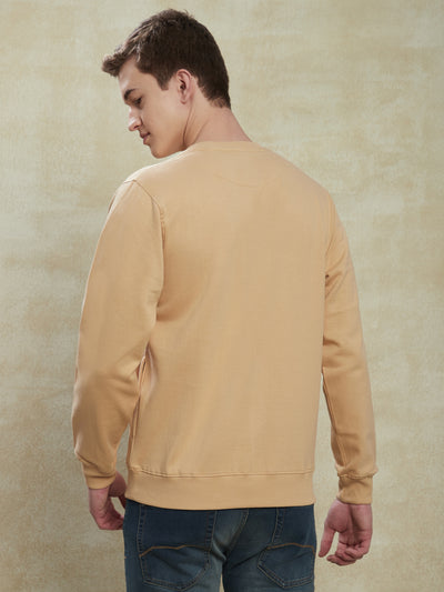 Knitted Khaki Printed Regular Fit Full Sleeve Casual Sweatshirt