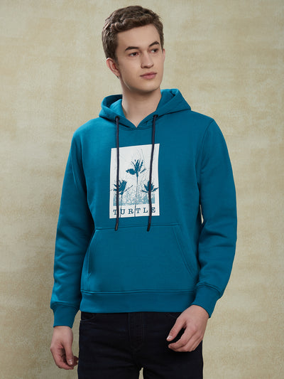 Knitted Turquoise Printed Regular Fit Full Sleeve Casual Sweatshirt