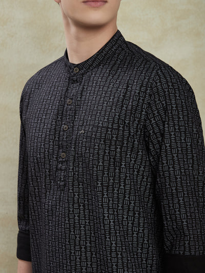 100% Cotton Black Printed Kurta Full Sleeve Casual Shirt