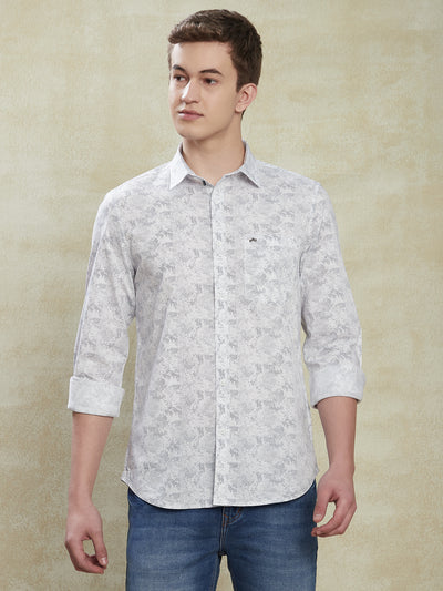 100% Cotton Grey Printed Slim Fit Full Sleeve Casual Shirt