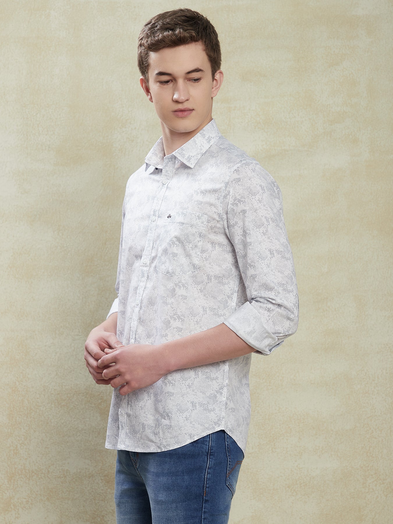 100% Cotton Grey Printed Slim Fit Full Sleeve Casual Shirt