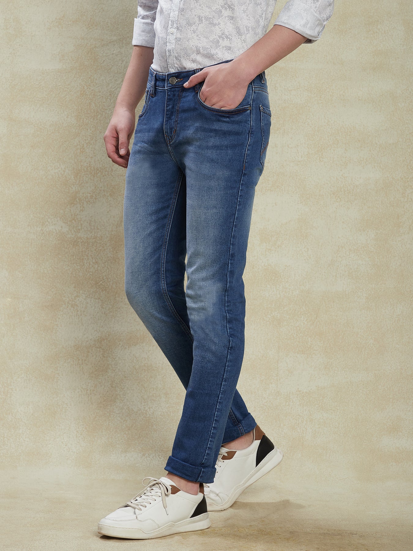 Cotton Stretch Dark Blue Plain Narrow Fit Flat Front Casual Jeans