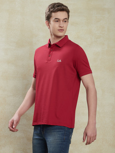 100% Cotton Maroon Printed Polo Neck Half Sleeve Casual T-Shirt