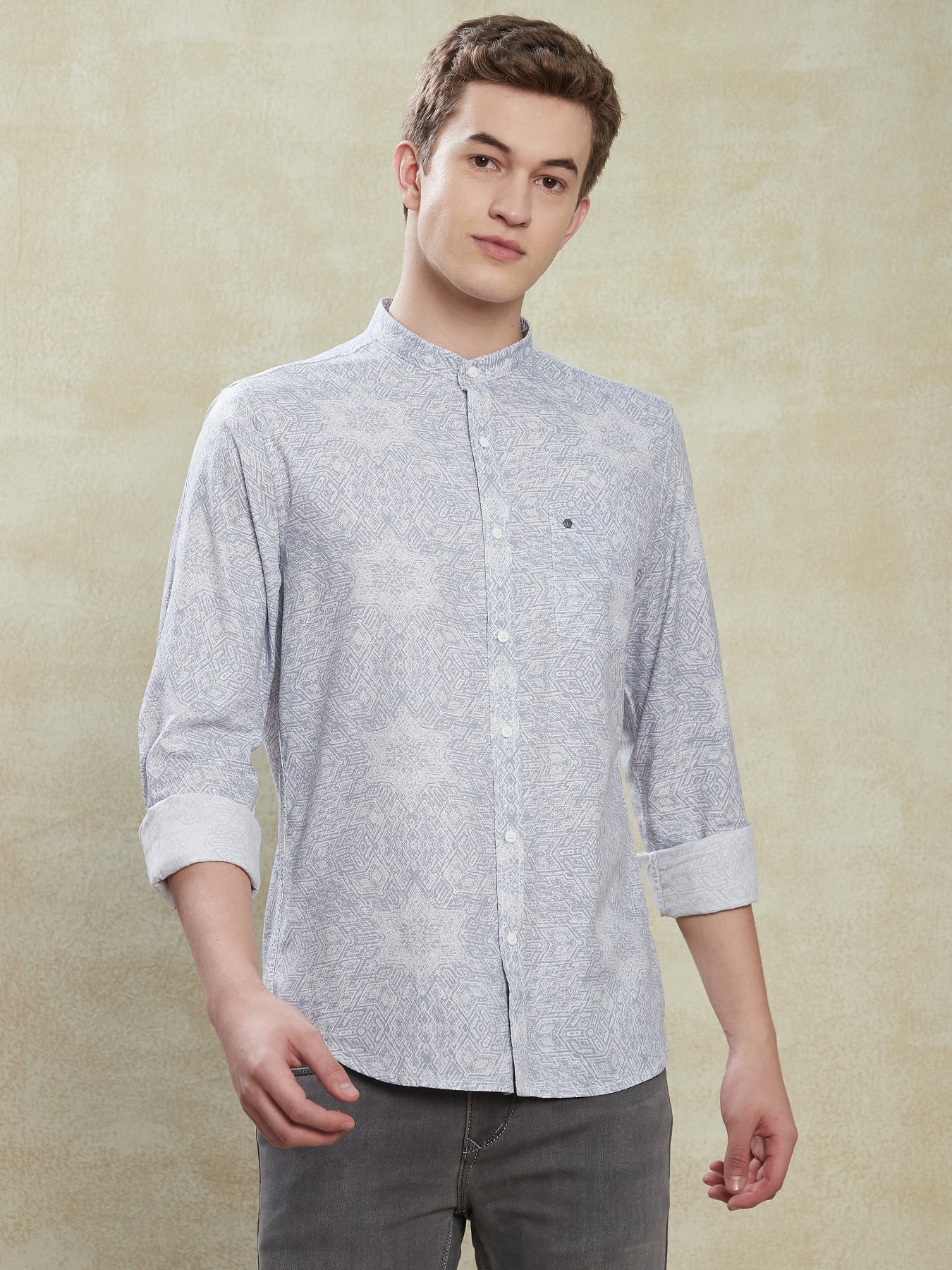 Cotton Tencel Grey Printed Slim Fit Mandarin Collar Casual Shirt