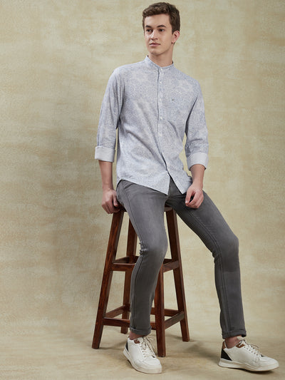 Cotton Tencel Grey Printed Slim Fit Mandarin Collar Casual Shirt