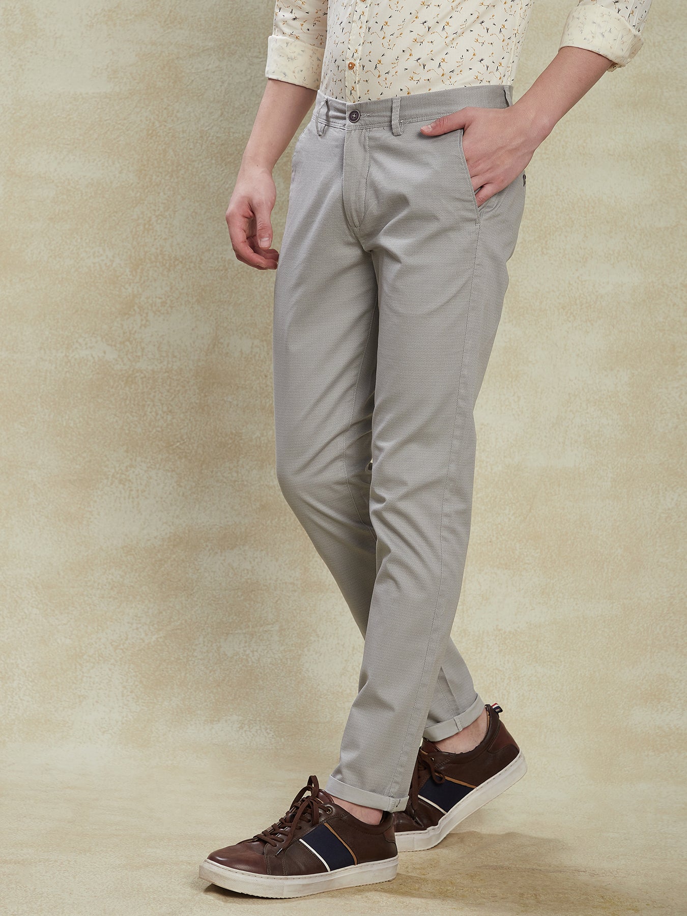 Cotton Stretch Grey Printed Narrow Fit Flat Front Casual Trouser