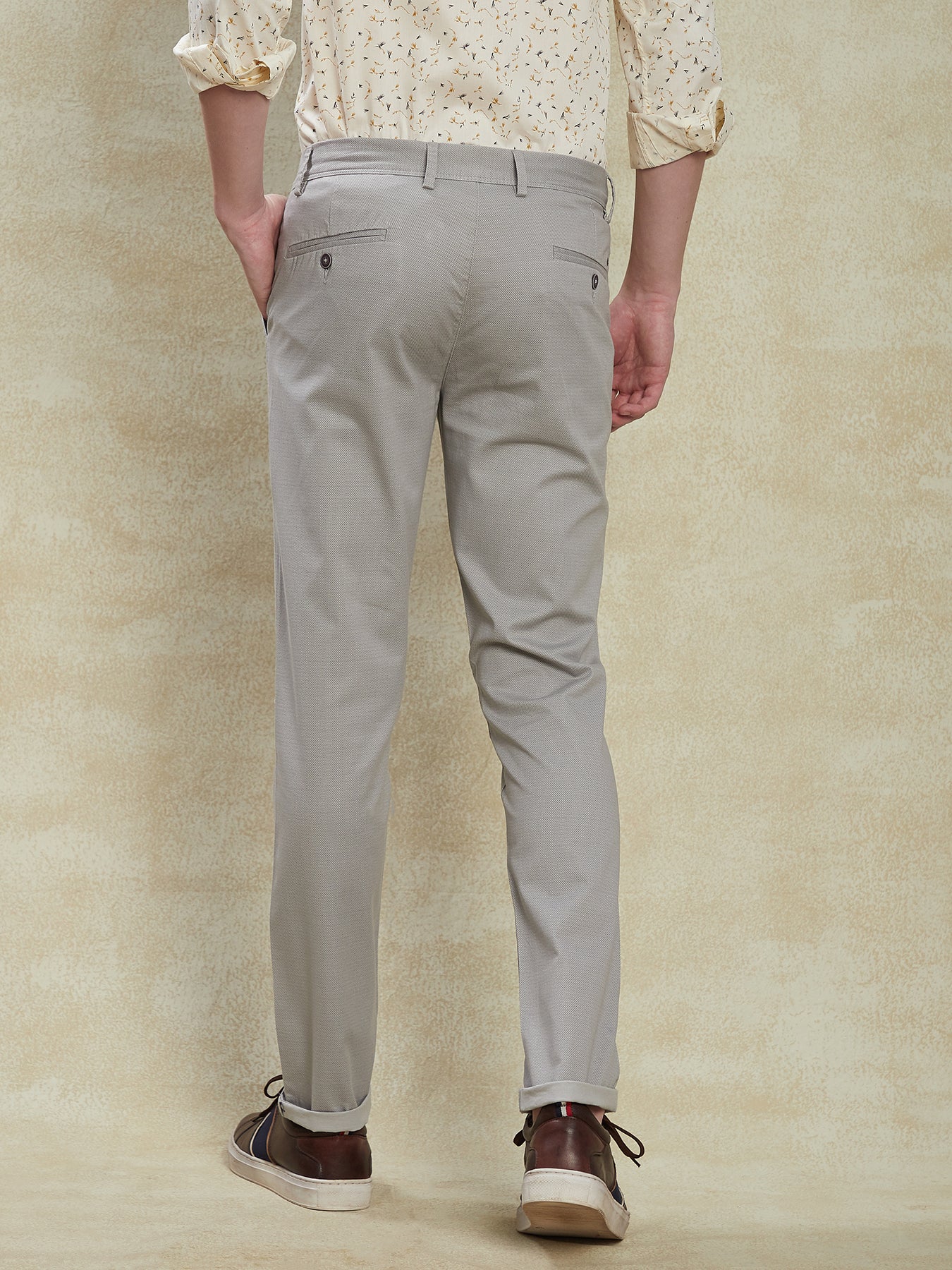 Cotton Stretch Grey Printed Narrow Fit Flat Front Casual Trouser