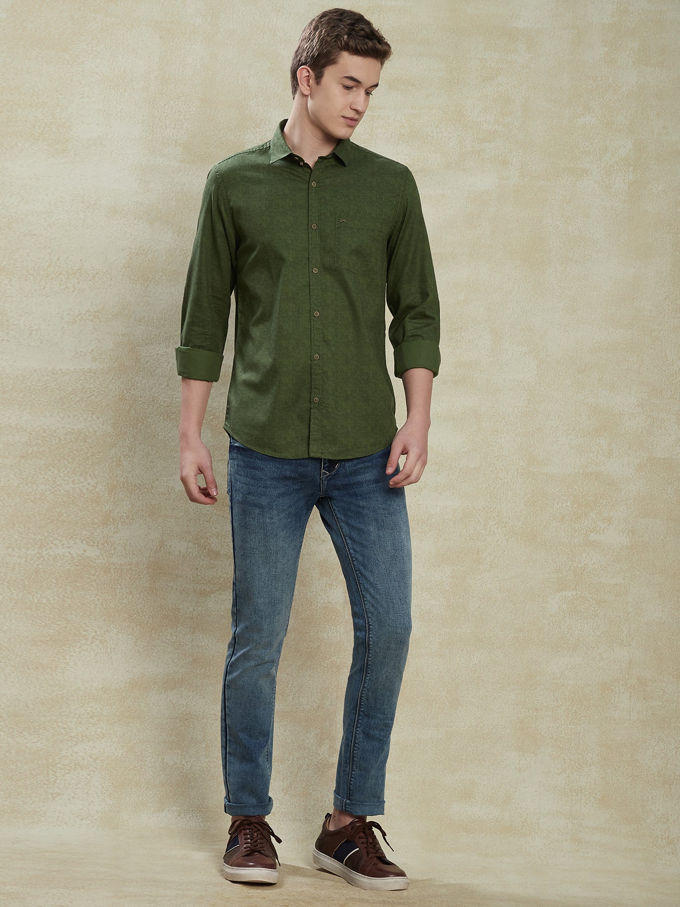 100% Cotton Olive Green Printed Slim Fit Full Sleeve Casual Shirt