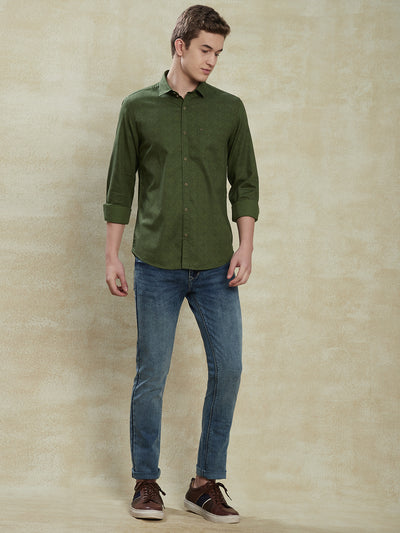 100% Cotton Olive Green Printed Slim Fit Full Sleeve Casual Shirt