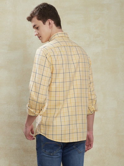 100% Cotton Beige Checkered Slim Fit Full Sleeve Casual Shirt
