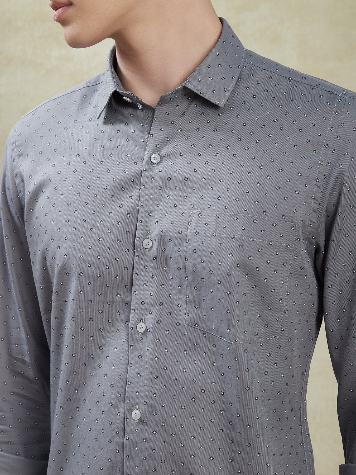 Cotton Tencel Charcoal Printed Regular Fit Full Sleeve Formal Shirt