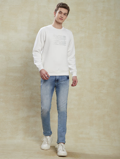 Knitted White Printed Regular Fit Full Sleeve Casual Sweatshirt