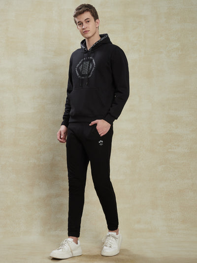 Knitted Black Printed Hoodie Full Sleeve Casual Sweatshirt