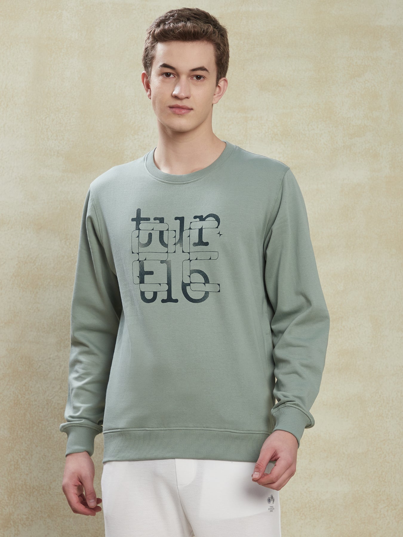 Knitted Olive Printed Regular Fit Full Sleeve Casual Sweatshirt
