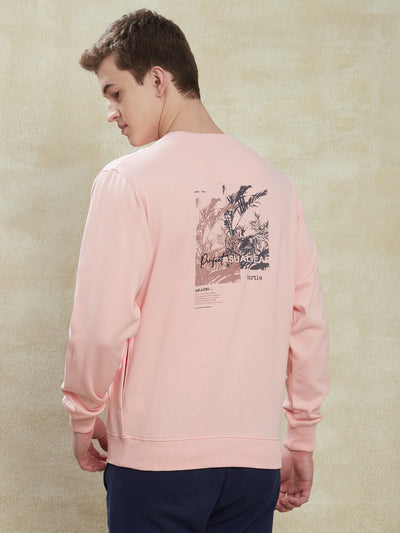 Knitted Light Pink Printed Regular Fit Full Sleeve Casual Sweatshirt