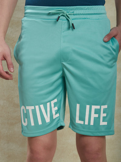 Knitted Turquoise Blue Printed Shorts Active Shorts