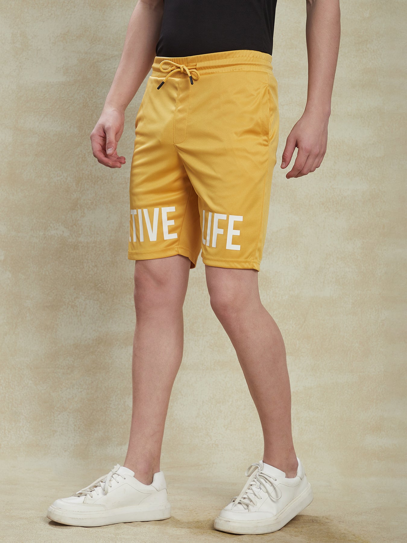Knitted Mustard Yellow Printed Shorts Active Shorts