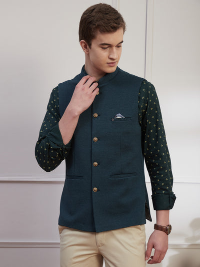 Knitted Terry Rayon Teal Dobby Slim Fit Sleeve Less Ceremonial Nehru Jacket