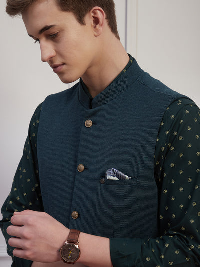 Knitted Terry Rayon Teal Dobby Slim Fit Sleeve Less Ceremonial Nehru Jacket