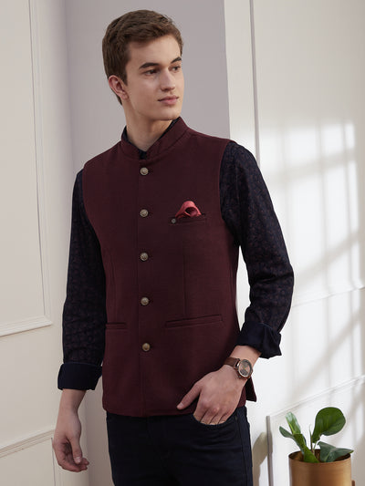Knitted Terry Rayon Wine Dobby Slim Fit Sleeve Less Ceremonial Nehru Jacket