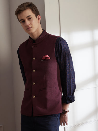 Knitted Terry Rayon Wine Dobby Slim Fit Sleeve Less Ceremonial Nehru Jacket