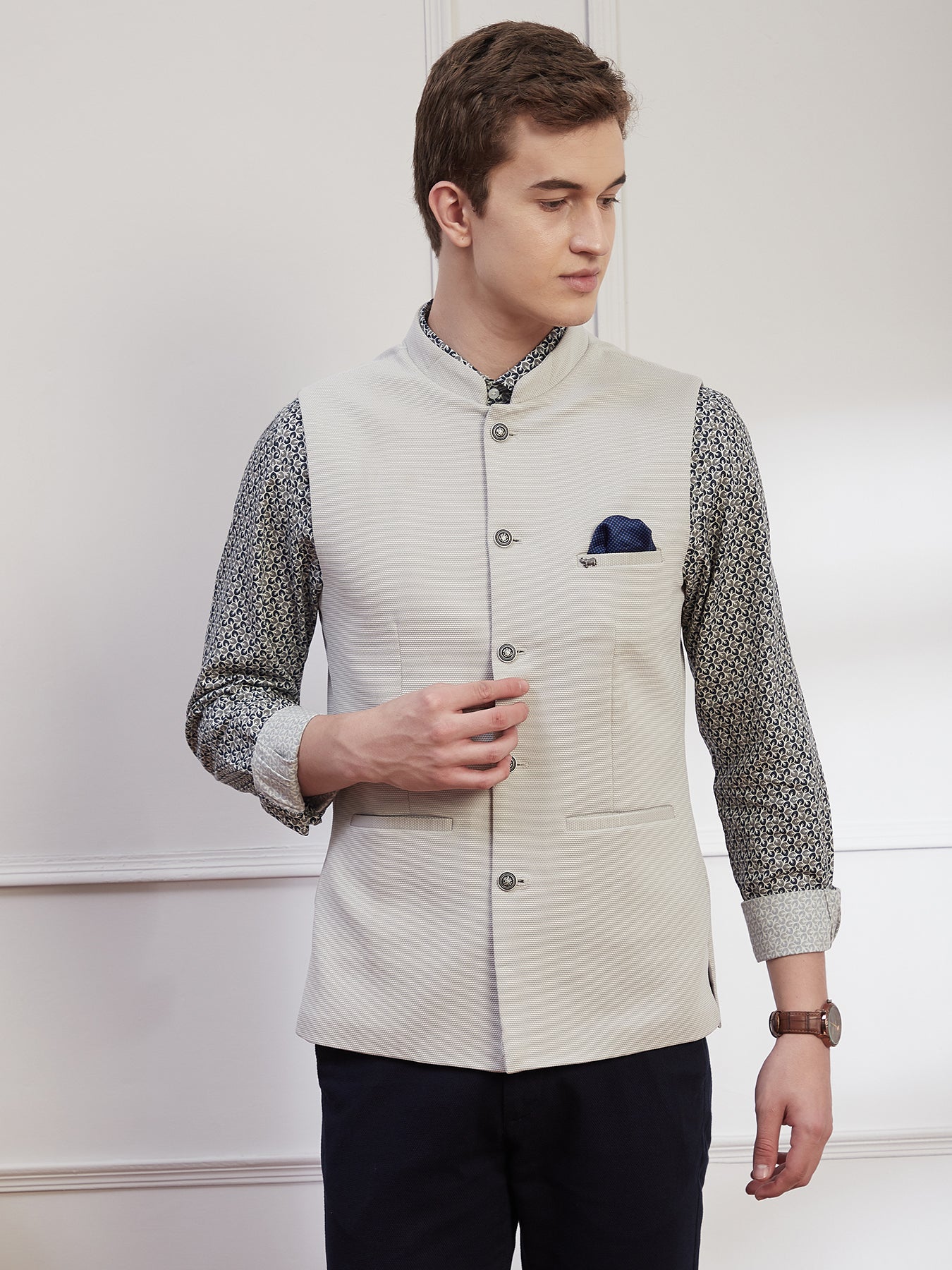Knitted Terry Rayon Beige Dobby Slim Fit Sleeve Less Ceremonial Nehru Jacket