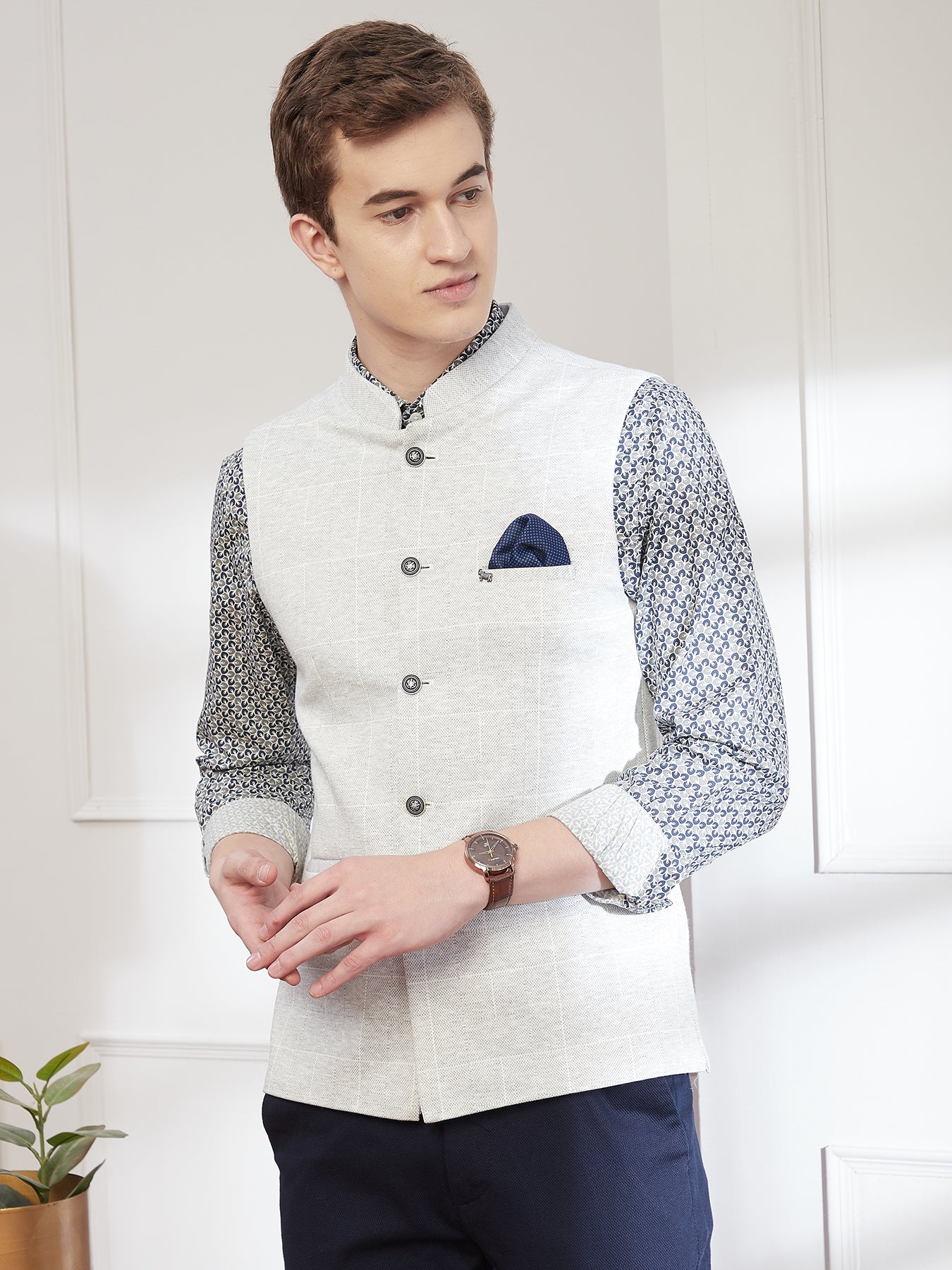 Terry Rayon Grey Checkered Slim Fit Sleeve Less Ceremonial Nehru Jacket