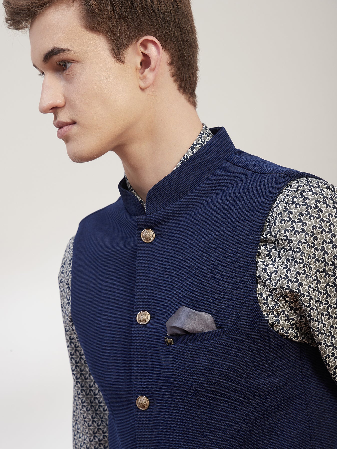 Knitted Terry Rayon Blue Dobby Slim Fit Sleeve Less Ceremonial Nehru Jacket