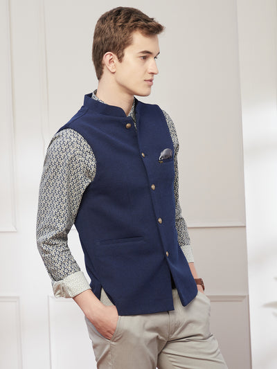 Knitted Terry Rayon Blue Dobby Slim Fit Sleeve Less Ceremonial Nehru Jacket