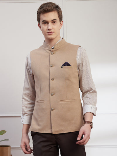 Knitted Terry Rayon Khaki Dobby Slim Fit Sleeve Less Ceremonial Nehru Jacket