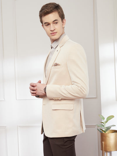 Knitted Beige Plain Slim Fit Full Sleeve Casual Blazer