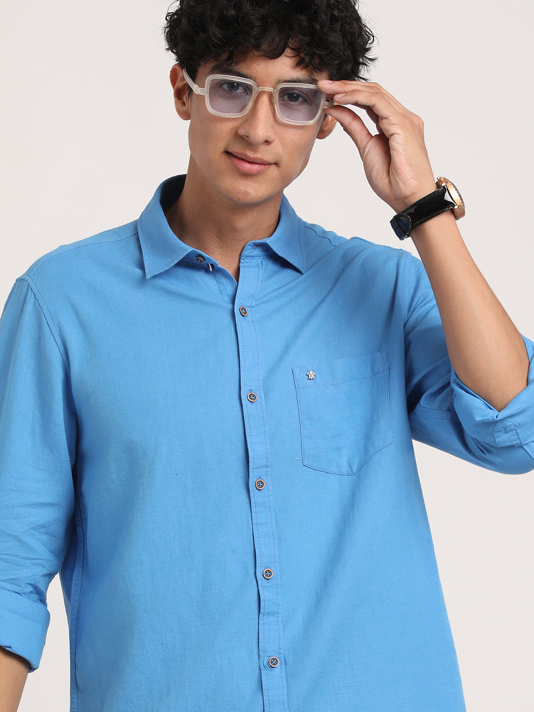 Cotton Linen Blue Plain Slim Fit Full Sleeve Casual Shirt