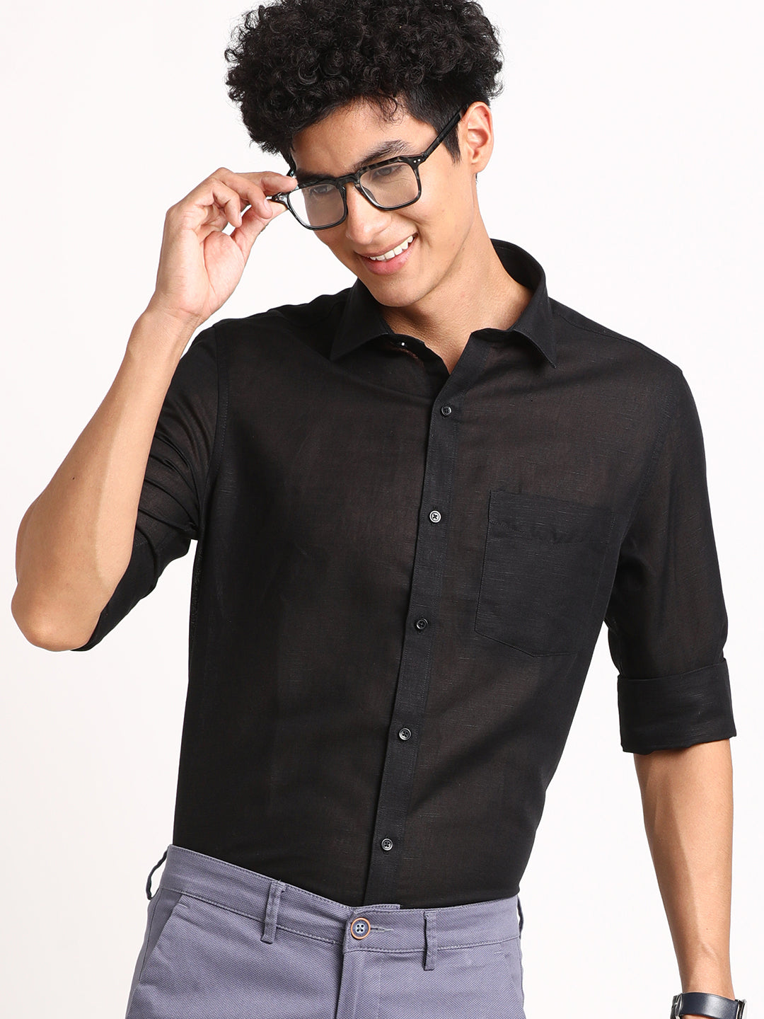 Cotton Linen Black Plain Slim Fit Full Sleeve Formal Shirt