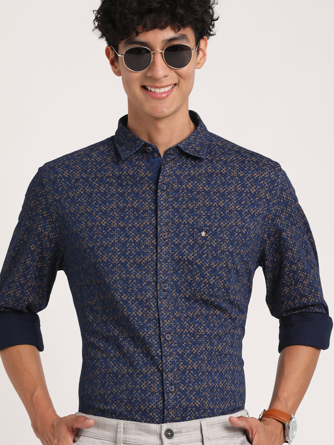 Turtle Men Pure Cotton Navy Blue Self Design Slim Fit Casual Shirts