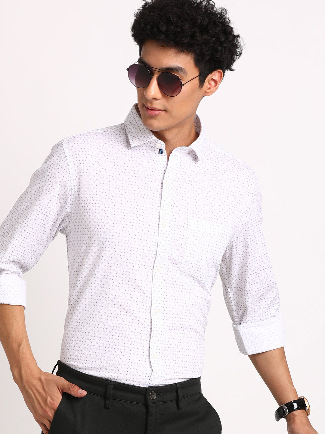 100% Cotton White Printed Slim Fit Full Sleeve Casual Shirt