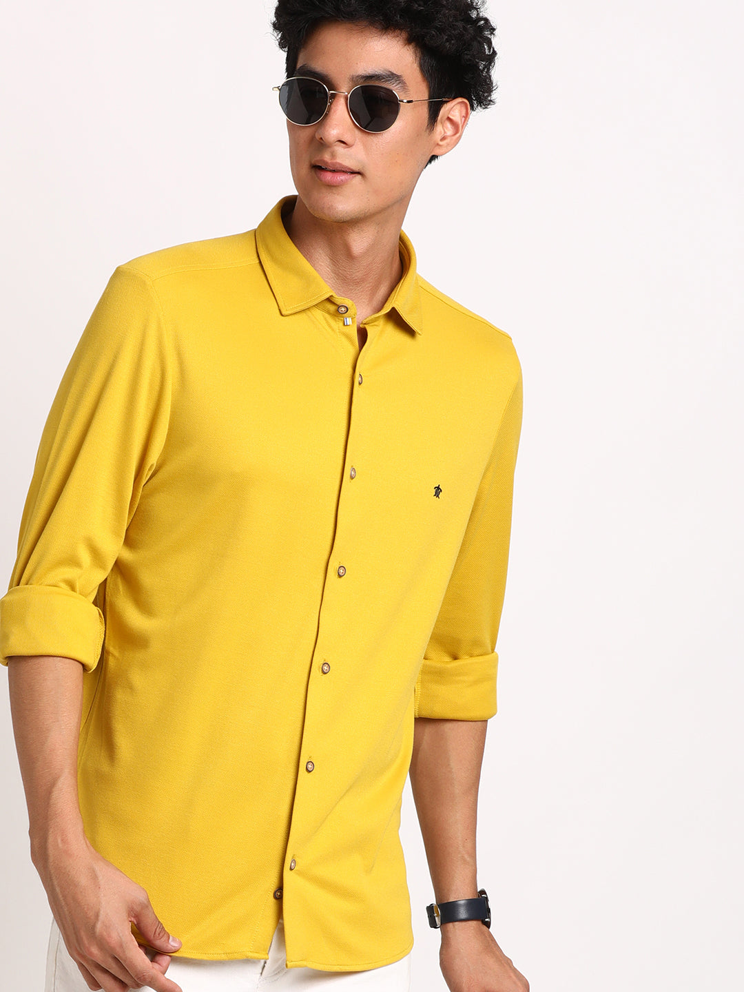 Cotton Yellow Printed Slim Fit Full Sleeve Casual Shirt