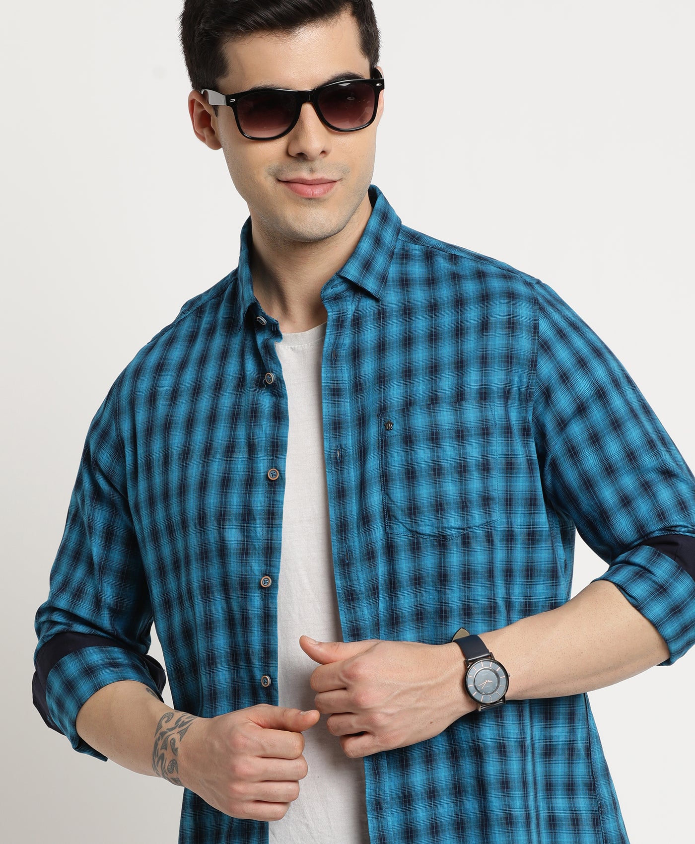 100% Cotton Teal Blue Checkered Slim Fit Full Sleeve Casual Shirt