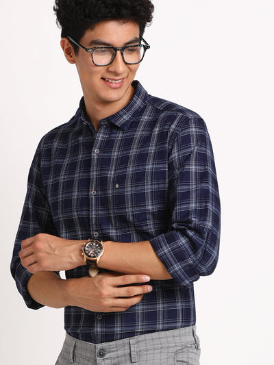 100% Cotton Indigo Blue Checkered Slim Fit Full Sleeve Casual Shirt