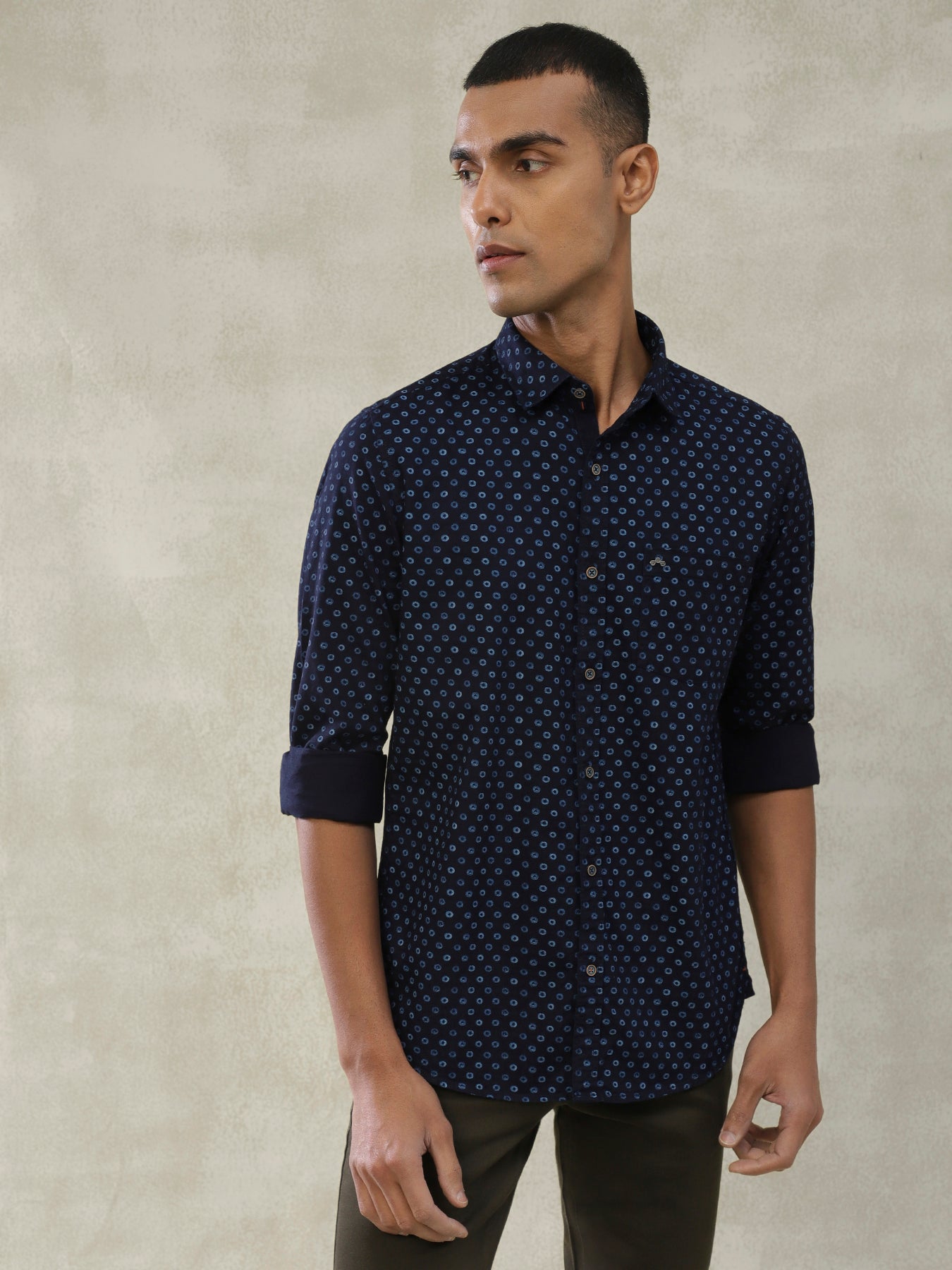 100% Cotton Indigo Navy Blue Printed Slim Fit Full Sleeve Casual Shirt